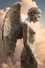 Robotic guardian angel protecting small digital city with wings made of circuit patterns on soft clouds background. AI protection benevolent technology and compassionate innovation concept.