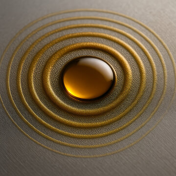 Golden liquid droplet with concentric ripple rings, macro close up texture showing fluid surface vibration, elegant circular pattern design on metallic background, artistic visualization of wave motio