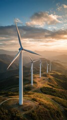 Turbine blades turning gracefully with a glowing sunset behind, illustrating concept of renewable elegance and a sustainable future powered by clean, environmentally friendly energy. Green technology.