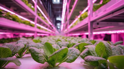 Rows of plants growing under a controlled led lighting system in a modern vertical farm interior, perfectly illustrating sustainable agriculture and cutting-edge food technology concept.