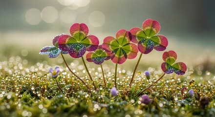 Colorful four-leaf clovers in shades of red and green covered in glistening dewdrops on a mossy ground. Good luck charm, delicate nature, and morning freshness concept.