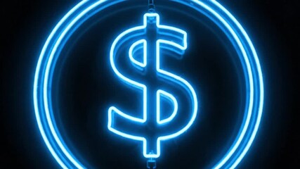 Glowing blue neon dollar sign symbol illuminated in dark background representing finance economy - Powered by Adobe
