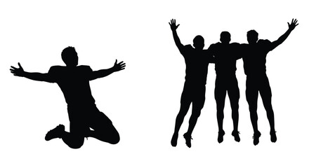 Silhouettes of joyful people jumping and celebrating with arms outstretched