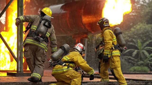 A team of firefighters in full protective gear stands together in front of a massive blaze during a live fire training exercise. Bright flames and flying embers illuminate their uniforms