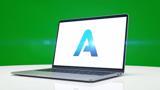 A modern laptop displays a blue letter 'A' logo on its screen, set against a vibrant green screen background for compositing.
