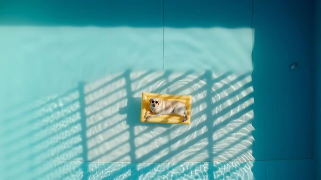 Dog Floating On Pool Raft In Summer Sunlight Outdoor Holiday Relaxation Scene
