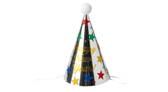 A colorful party hat with stars and stripes isolated on transparent background the hat is decorated with black stripes and colorful stars, with the words happy and yay in gold glitter