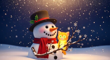 Cute cartoon snowman with a top hat and red scarf looking at a small glowing orange kitten. Christmas holidays and winter cheer concept.