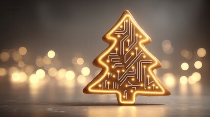 christmas future Illuminated Christmas tree with circuit patterns and bokeh background.