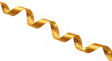 A gleaming golden ribbon gracefully cascades, its lustrous surface catching the light and creating a mesmerizing dance of shadows, isolated on transparent background the ribbons sinuous form evokes a