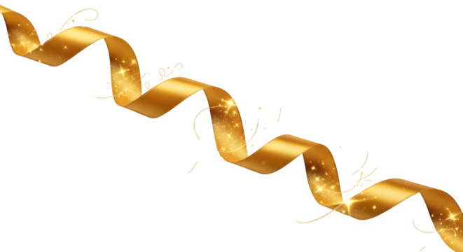 A gleaming golden ribbon gracefully cascades, its lustrous surface catching the light and creating a mesmerizing dance of shadows, isolated on transparent background the ribbons sinuous form evokes a 