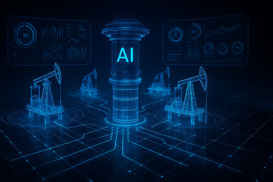 AI powered digital oil extraction system with holographic pumpjacks, futuristic energy network visualization on dark grid background, advanced industrial automation concept showing intelligent product