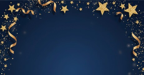 Elegant festive circular frame with golden ribbons, stars, and sparkling glitter dust on a dark blue background.