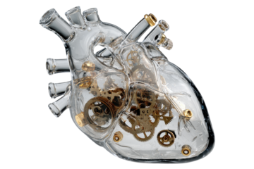 Glass anatomical heart with mechanical gears and cogwheels inside