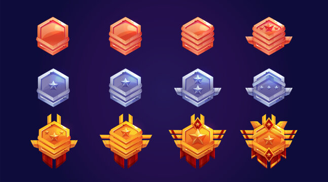 Game rank icons, bronze, silver and gold badges