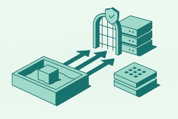 Naklejka premium Abstract representation of cybersecurity framework featuring network servers and data streams emphasizing preventative security protocols and integrity measures within digital infrastructures
