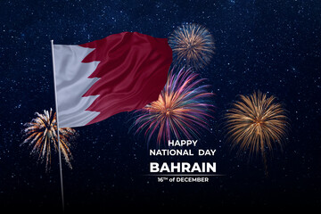 National flags of Bahrain in night sky with stars and fireworks
