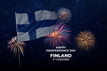 National flags of Finland in night sky with stars and fireworks