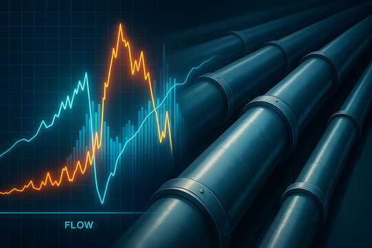 Industrial pipelines with dynamic energy flow analytics graph showing fluctuating data trends symbolizing resource transportation monitoring system performance technology efficiency and modern energy 
