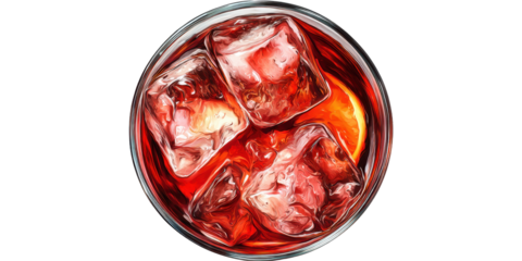 Negroni cocktail with ice cubes and orange slice overhead view