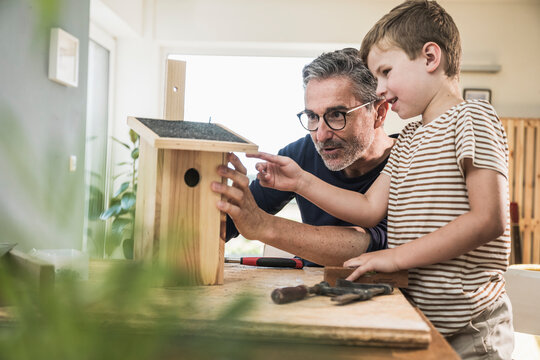 Grandfather teaching grandson to make birdhouse in living room