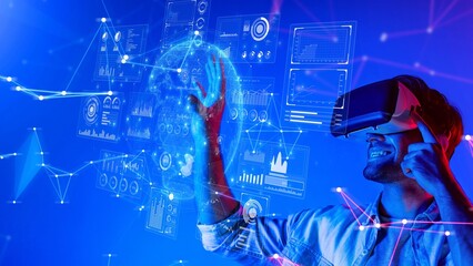A young adult man experiences virtual reality using a headset, surrounded by vibrant digital elements and futuristic graphs, symbolizing innovation and engagement in technology. Raster