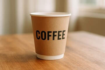 Brown paper coffee cup with black text on wooden table in soft natural light, takeaway drink container mockup for branding and design.