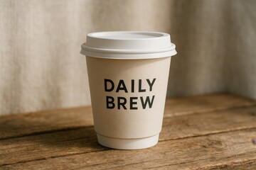Paper daily brew cup with white lid on rustic wooden surface in warm natural light shown in closeup minimal design.