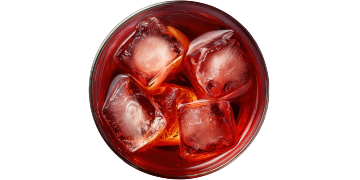 Refreshing negroni cocktail with ice cubes and orange peel