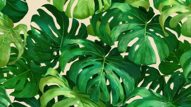 Lush green monstera leaves create a vibrant tropical atmosphere in a close-up view during daylight hours