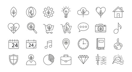 Collection of ecological and environmentally conscious line art icons with clean design