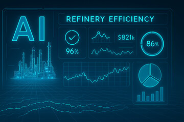 AI refinery efficiency data visualization dashboard showing digital performance analytics, industrial optimization metrics, predictive monitoring charts and smart energy refinery insights for advanced