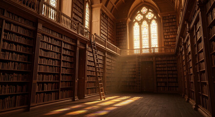 The old library corridor with its tall bookshelves and golden lighting from the large windows, gives a majestic and serene impression.