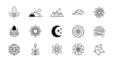 Minimalist collection of vector line icons representing nature and celestial elements