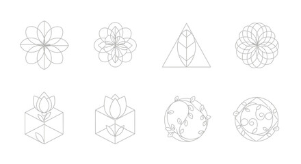 Elegant botanical emblem collection featuring symmetrical floral and leaf designs for brand identity