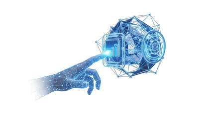 Hand is touching a blue object that has a lot of lines and dots on it. isolated illustration on  transparent background PNG