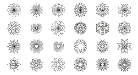 Assorted decorative floral elements and geometric shapes hand drawn black and white artistic