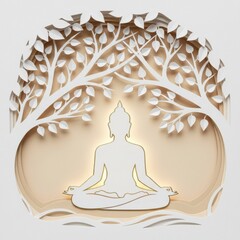 Elegant paper cut art of Buddha meditating under the sacred Bodhi Tree in white and gold.