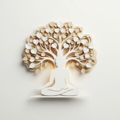 Elegant paper cut art of Buddha meditating under the sacred Bodhi Tree in white and gold.