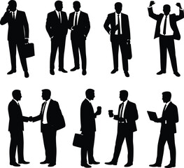 Set of businessman silhouettes in various poses, corporate professionals talking, shaking hands, and working, black and white illustration