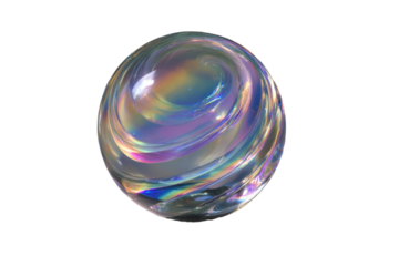 Iridescent Glass Sphere with Swirling Rainbow Colors Reflecting on Transparent Backdrop