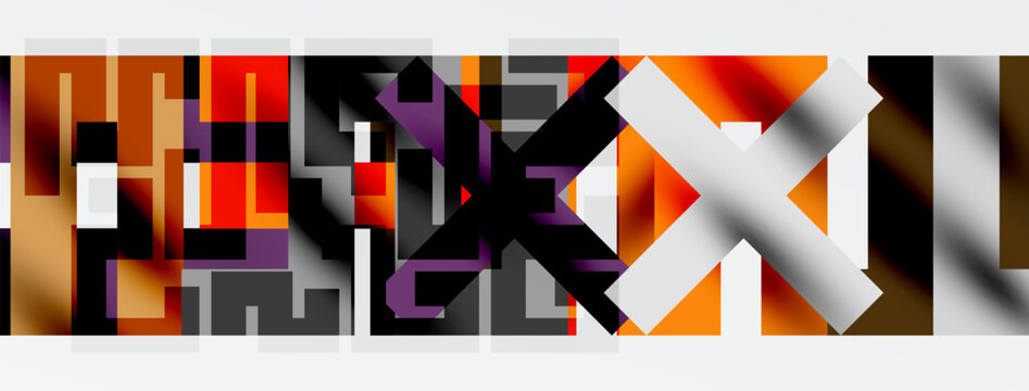 Abstract geometric composition. Rectangles overlap, creating complex visual texture. Warm colors dominate, with shades brown, orange, red.
