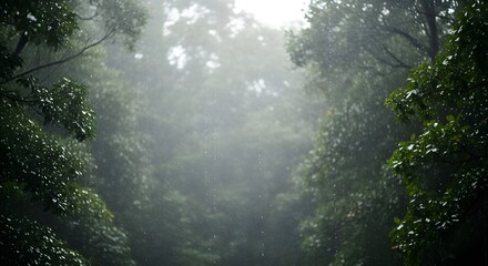 Raindrops fall amidst trees creating a misty scene Focus on natural elements  atmospheric conditions