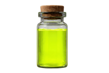 Glass vial filled with luminous yellow liquid on transparent background