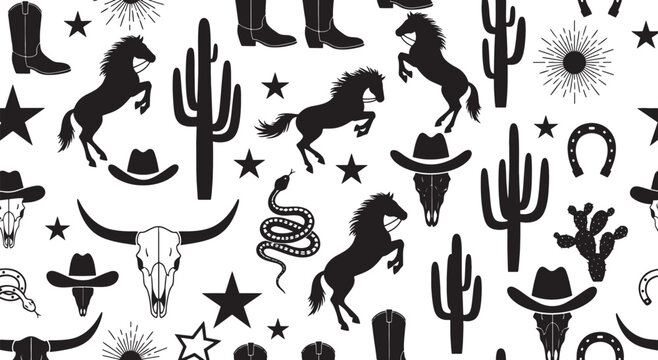 Western Pattern with Silhouettes of Horses Cacti Cowboy Hats and Skulls