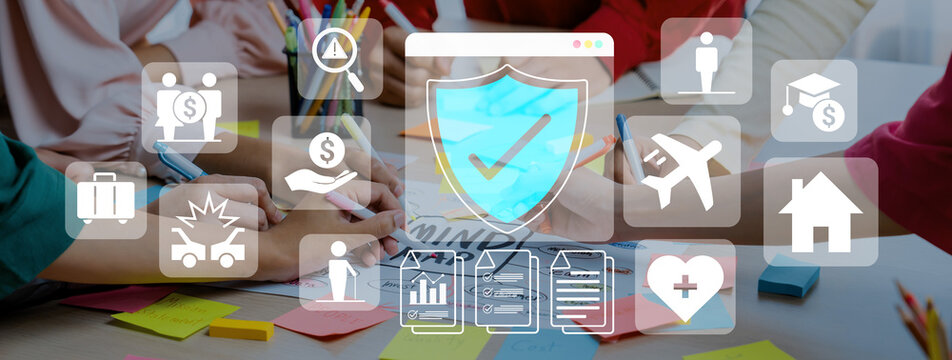 Various insurance icons like travel, health, home, and car protection connected to a central blue shield icon Parse