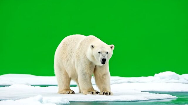 Polar bear stranded on ice floe needs rescue on chroma green screen footage