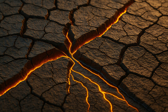 Cracked dry earth with glowing molten fissures revealing intense volcanic heat beneath surface, dramatic geological fracture concept symbolizing extreme climate conditions and powerful natural energy 