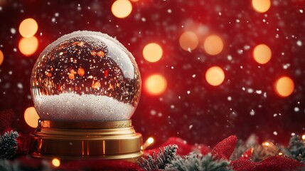 Christmas tree in Glass snow globe on red background, Christmas decorative design with white snowdrift,snowflakes,glow garland,3d decorative garland glow.Xmas Decorations,Vector illustration.