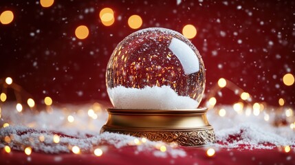 Christmas tree in Glass snow globe on red background, Christmas decorative design with white snowdrift,snowflakes,glow garland,3d decorative garland glow.Xmas Decorations,Vector illustration.